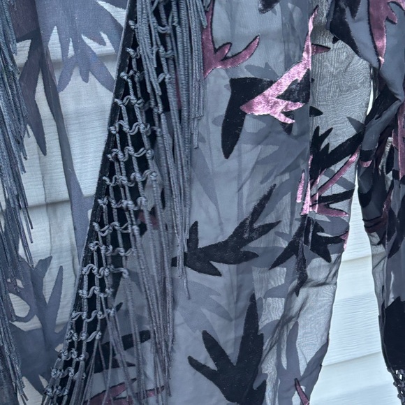 JayLey Ladies Silk Black Fringe Sheer Pink Velvet Top Boho Kimono Cardigan - Picture 12 of 16